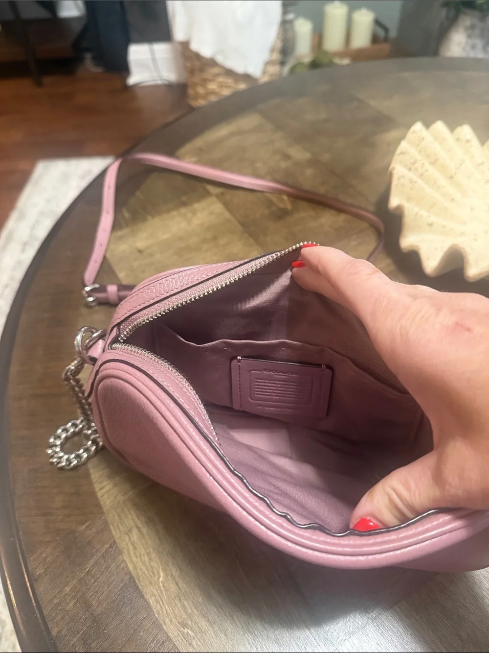 Coach Pink Pebbled Leather Crossbody Camera Bag with Chain Strap